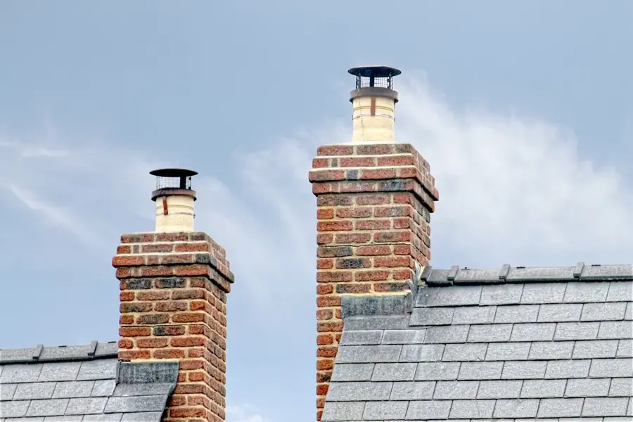 Souches de cheminée en brique sur une toiture en ardoise
